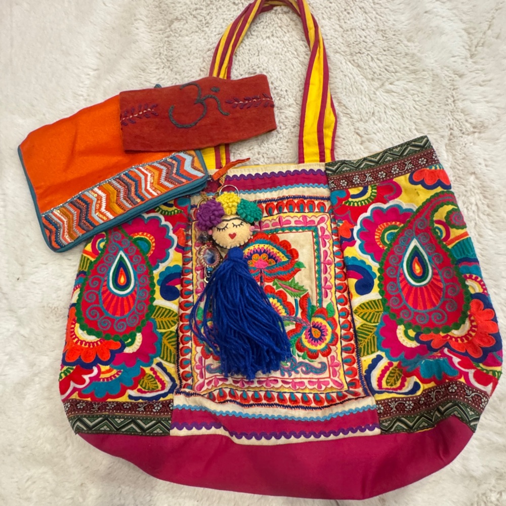 Festival travel Bohemian Embroidered Tote Bag, Om Headband, Bag Charm, Pouch Set